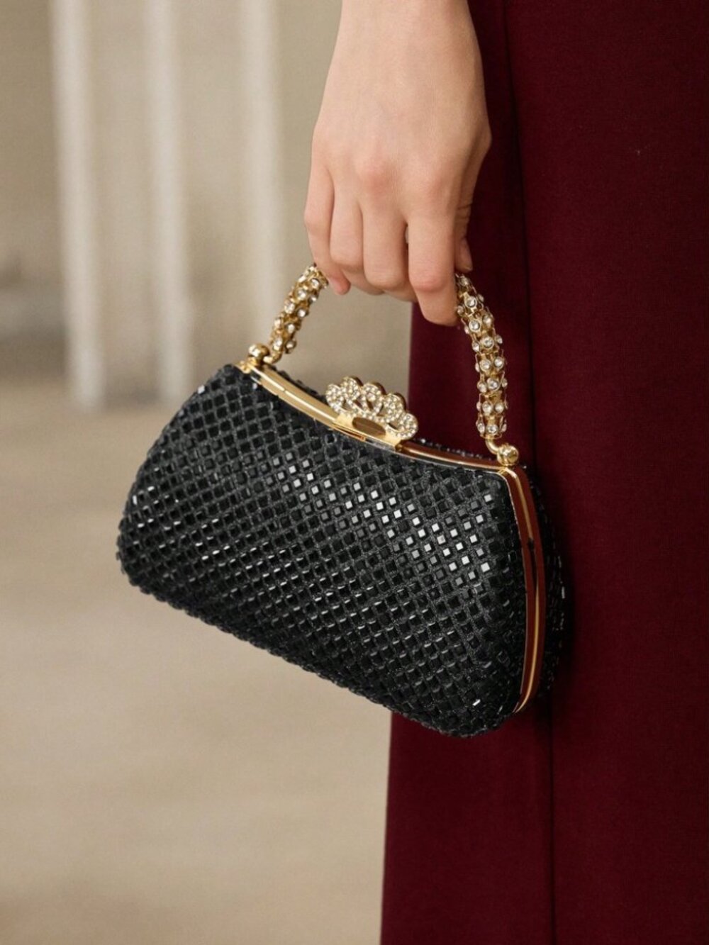 Black Rhinestone Mesh Evening Bag with Crystal Top Handle